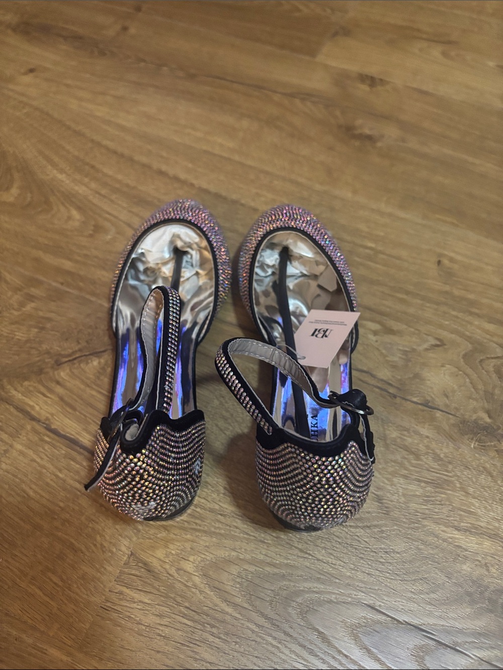 Badgley Mischka Iridescent Crystal Flats with Black Trim and Ankle Strap - Picture 4 of 8